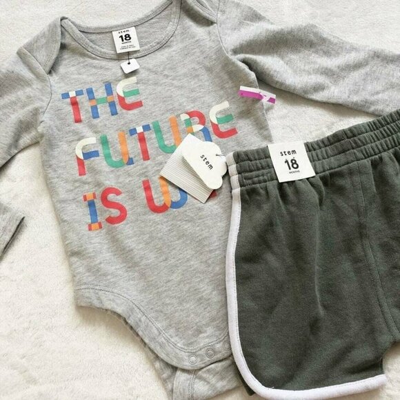 Stem 2pc Gray Onesie & Olive Green Shorts Bundle, The future is we - Picture 2 of 7